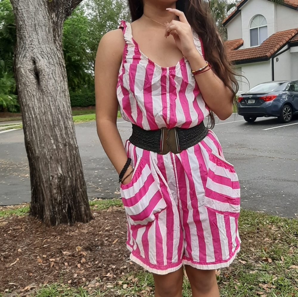 Vintage 80s Romper Jumper One Piece Pink White 90s - Picture 2 of 8
